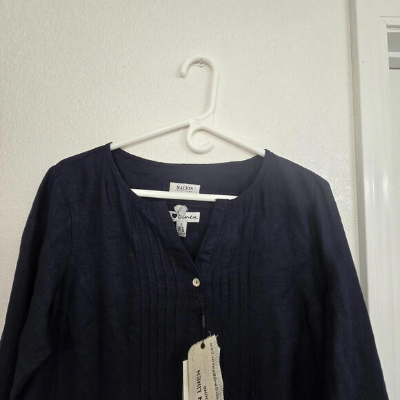 NWT Malvin 100%Linen DarkNavy Long Sleeve Shift Tunic Dress V-neck Embroidered L - Picture 3 of 9